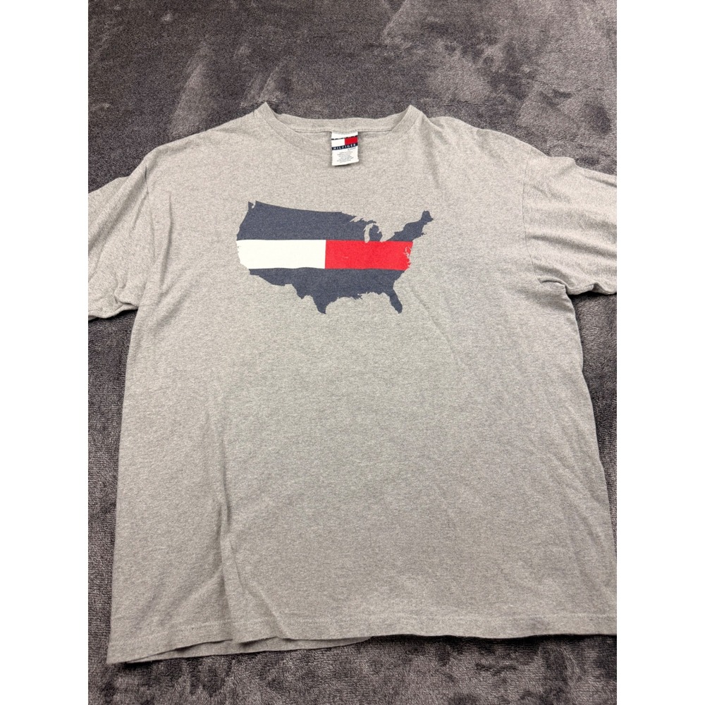Vintage Tommy Hilfiger USA Map Flag T-Shirt Gray‎ Mens XL Made in USA 90s Tee